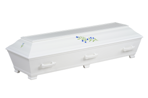 Vit kista med blå blomdekorationer på sidan och hörnet, utrustad med handtag.